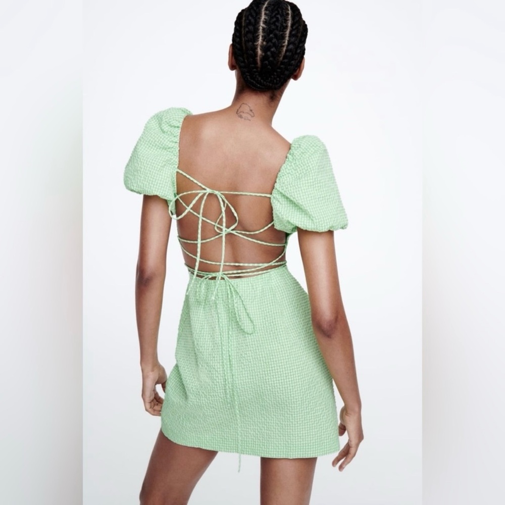 NWT Zara Lace Up Back Mini Dress Puff Sleeve Gingham Green and White Size Medium - Picture 5 of 12